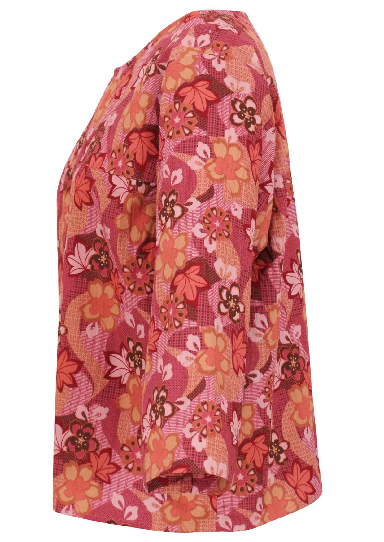 Japanese-style print cotton top in pink, maroon, brown, peach, and khaki tones with 3/4 sleeves.