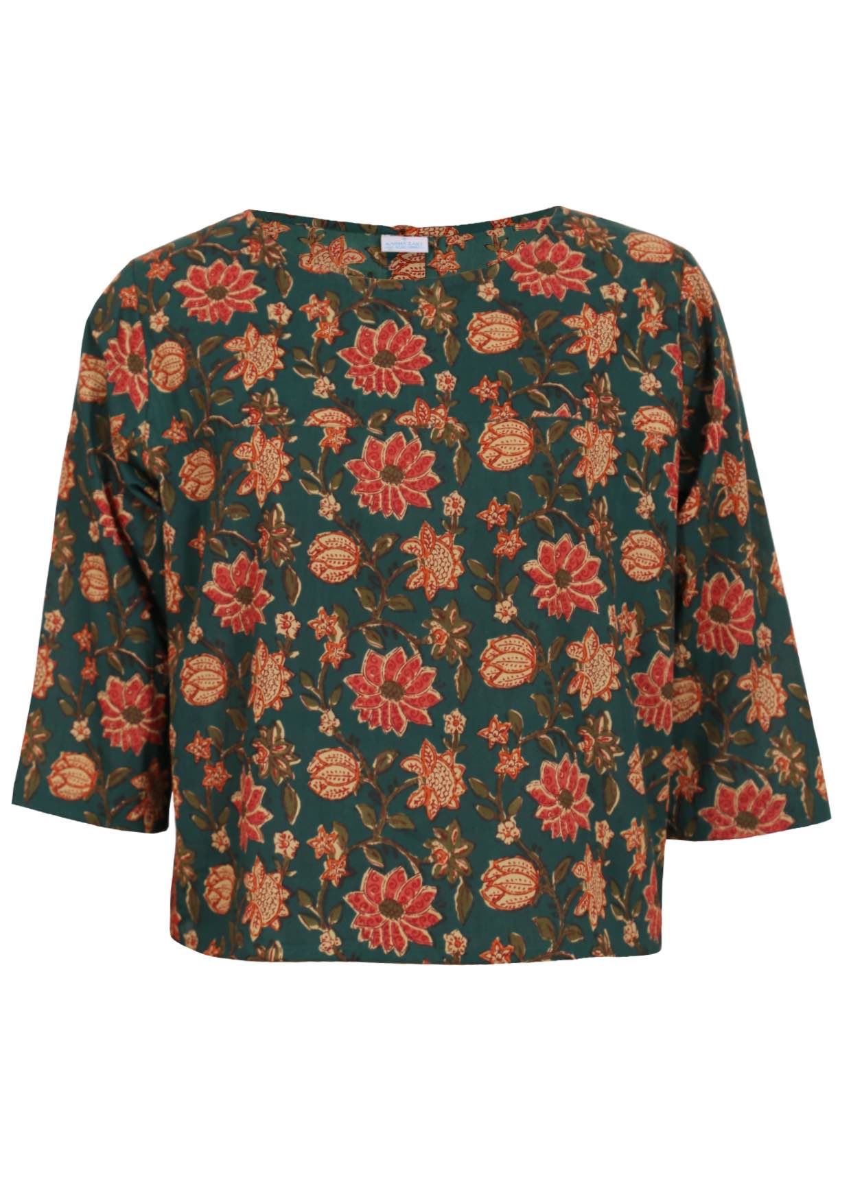 Lightweight cotton, 3/4 sleeve boxy top with bright floral print on green base.