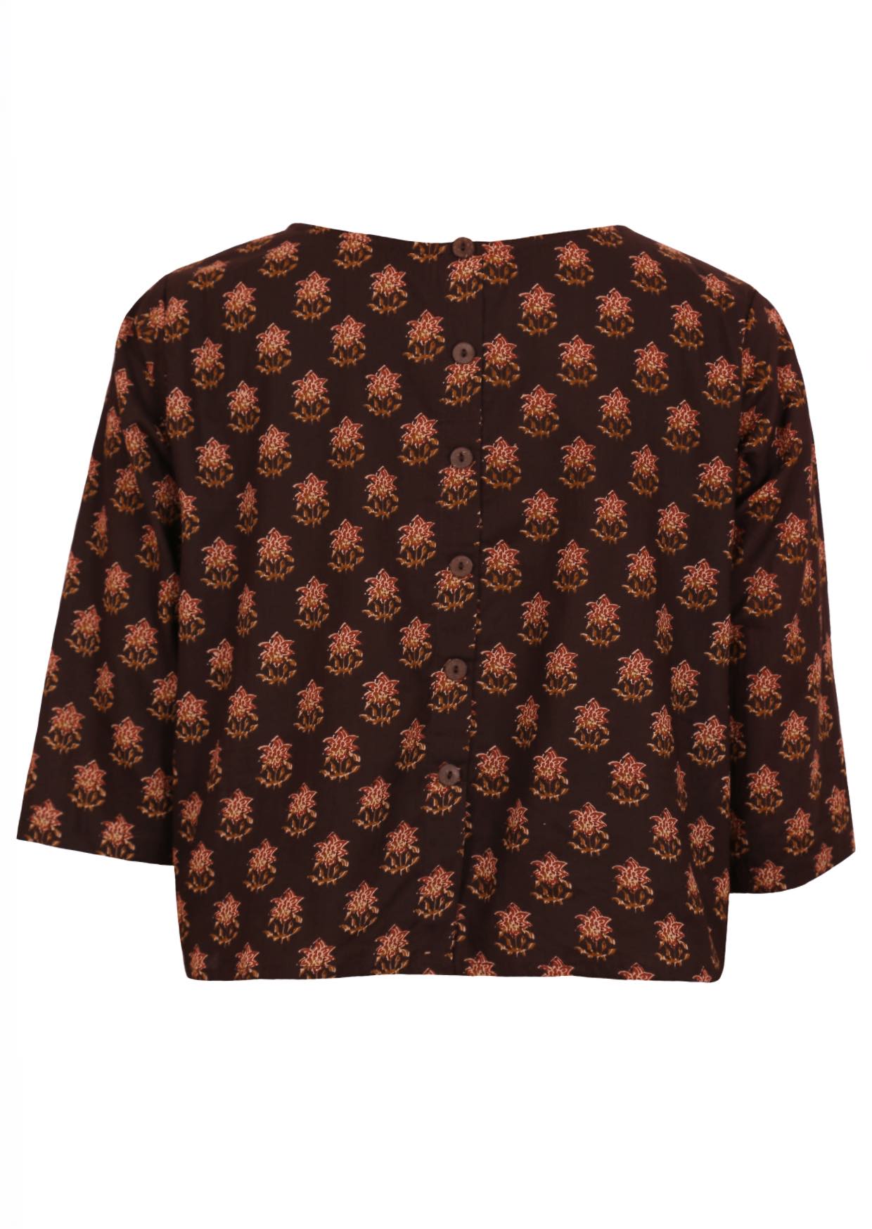 Back view of cotton relaxed fit 3/4 sleeve top with decorative buttons at the back.