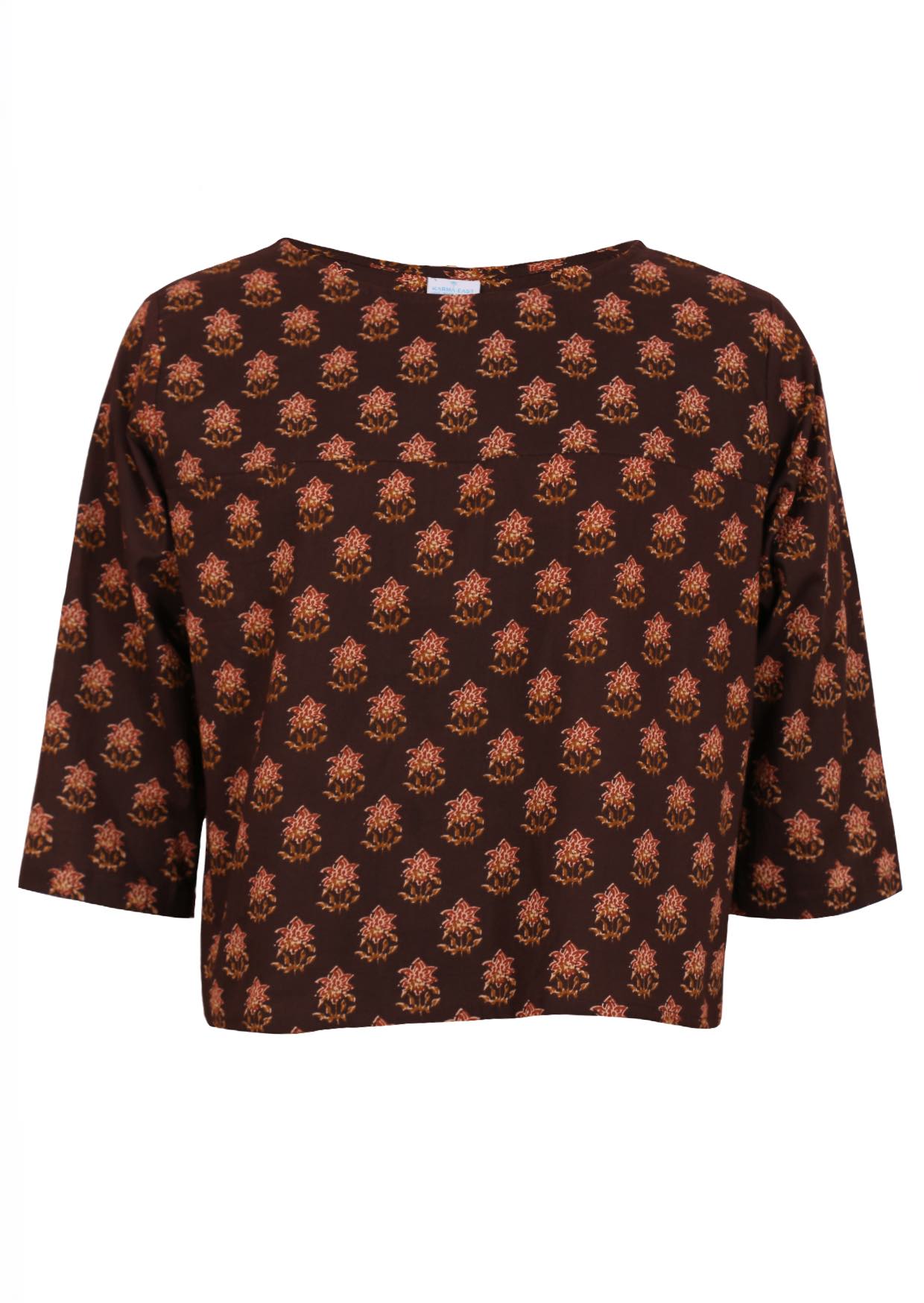 100% cotton, 3/4 sleeve boxy top with a high round neckline in floral print on brown base.