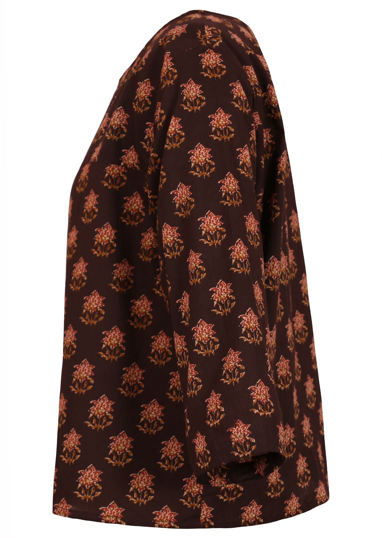 Side view of cotton relaxed fit 3/4 sleeve top in red floral motifs on brown base.
