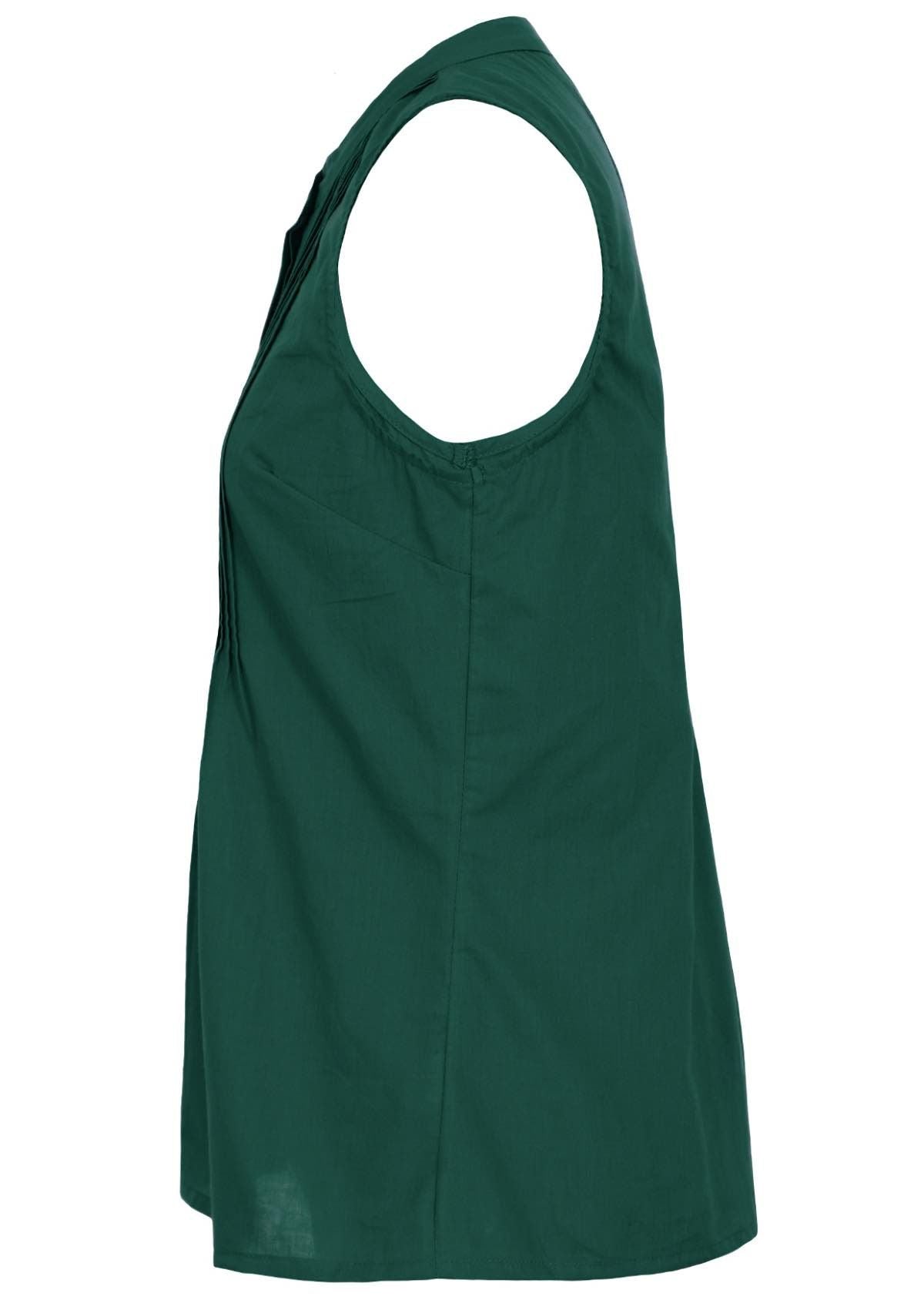 The side of the top with a plain dark green sleeveless blouse with pleats.