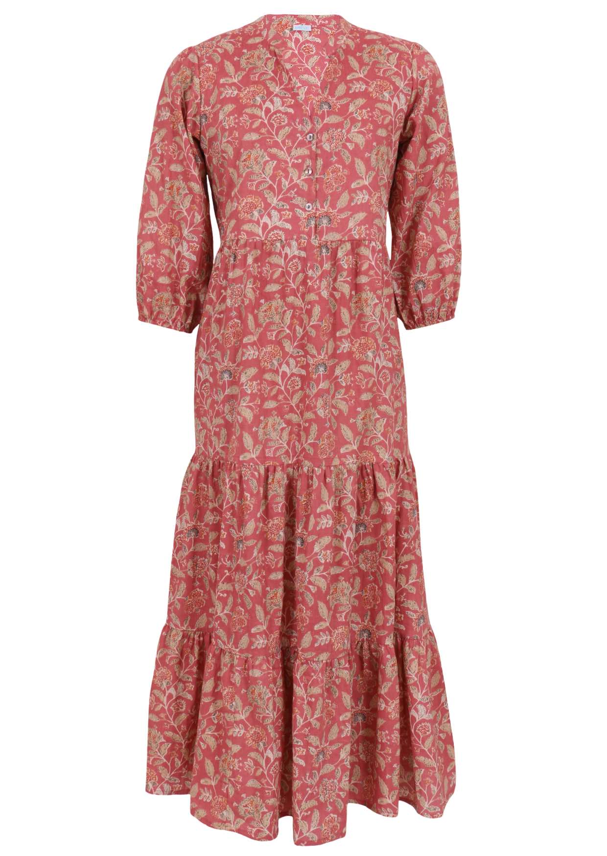 100% rose pink based floral three tiered flowy maxi dress with buttoned bodice, 3/4 sleeves and mandarin collar