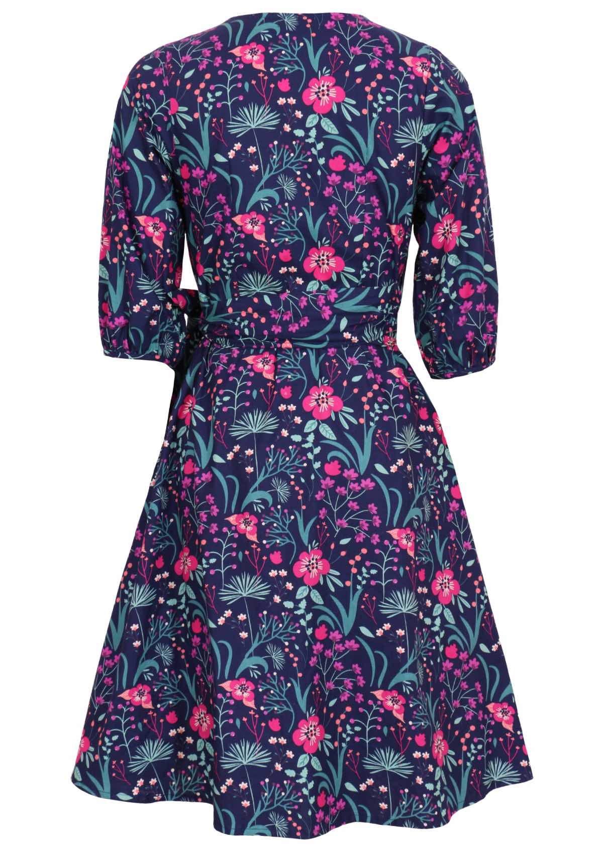 long sleeve navy and purple floral cotton wrap dress back picture