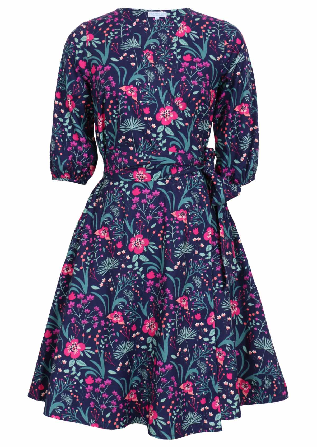 long sleeve navy and purple floral cotton wrap dress front picture