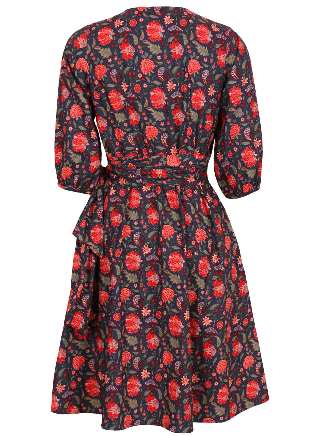 Back image of 3/4 sleeved cotton wrap dress with a flowing skirt and bright floral print.