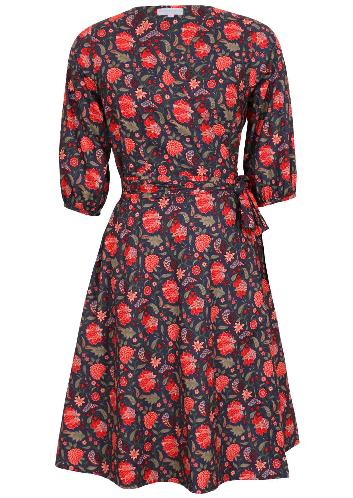100% cotton, over the knee length wrap dress with 3/4 sleeves and pockets