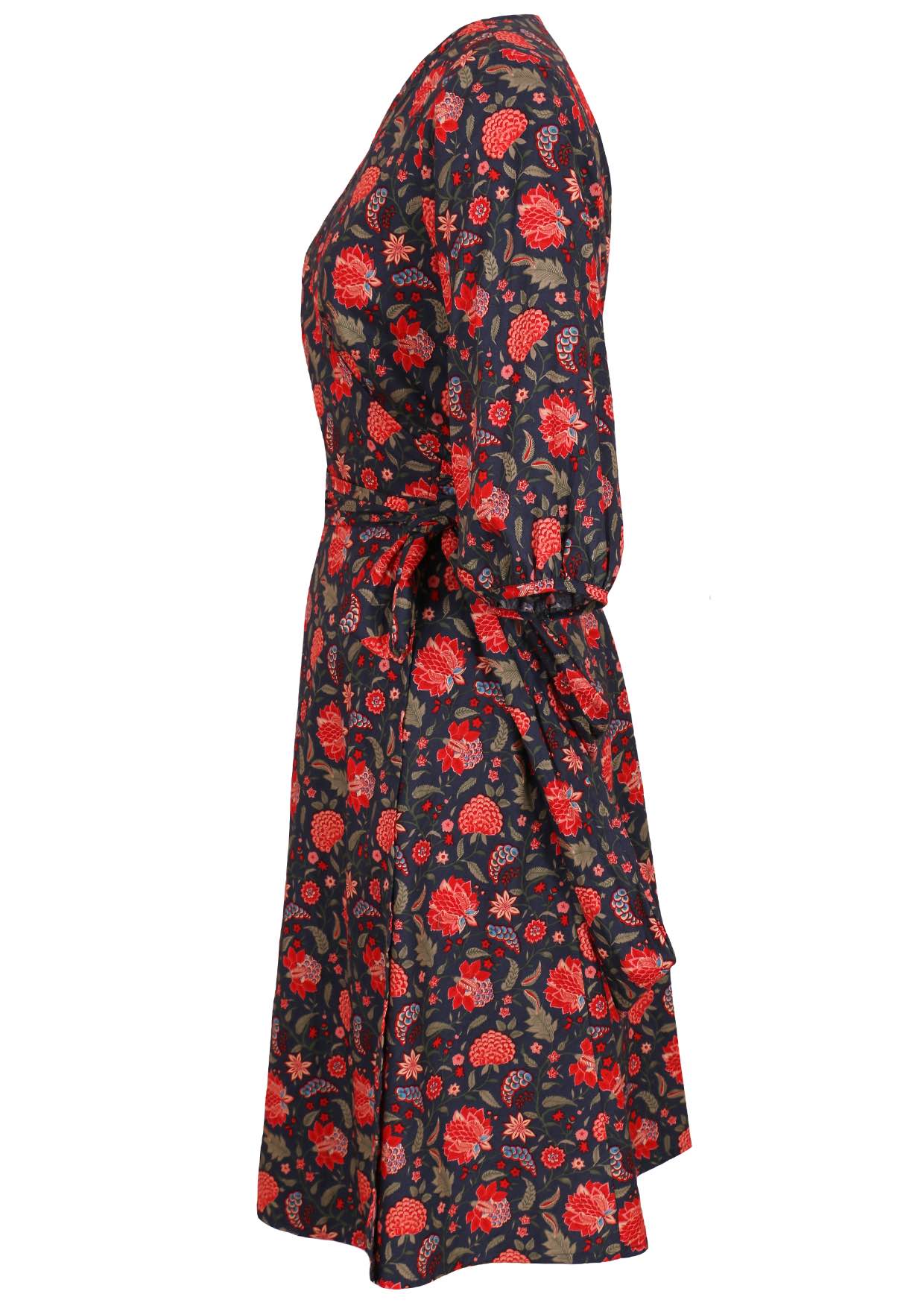 100% cotton midi length wrap dress with 3/4 sleeves and side pockets.