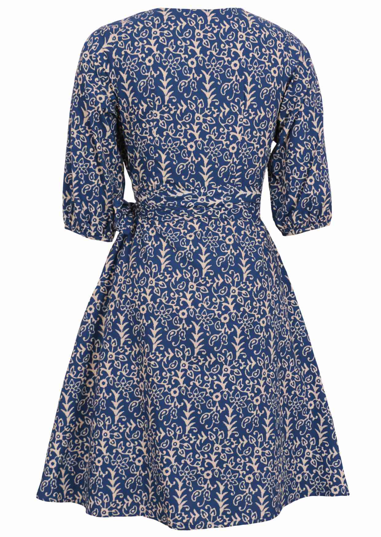 Back image of a 100% blue based cotton dress with white printed florals on it