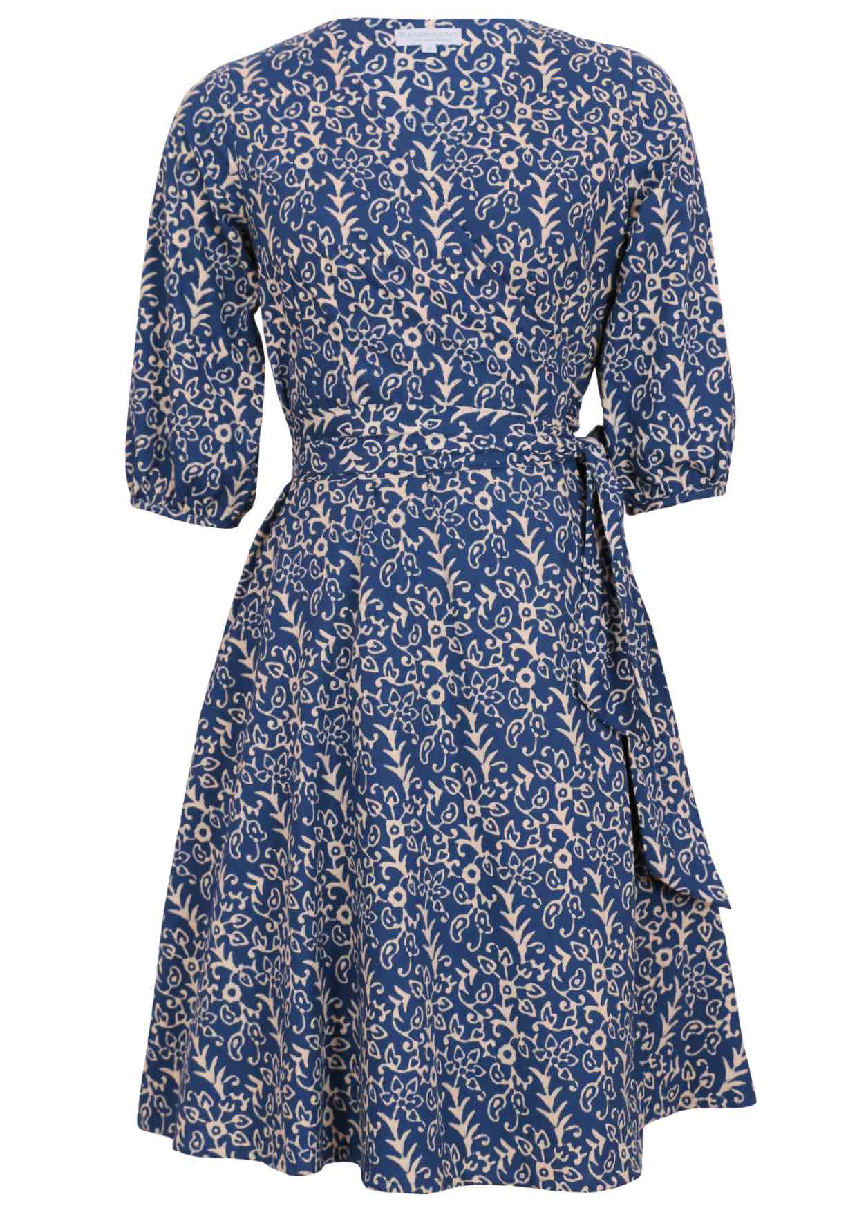 100% cotton over the knee length wrap dress with 3/4 sleeves and pockets