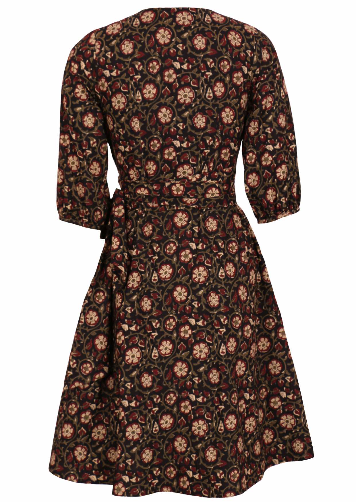 100% cotton midi length dress with 3/4 sleeves and pockets in maroon florals on black background.