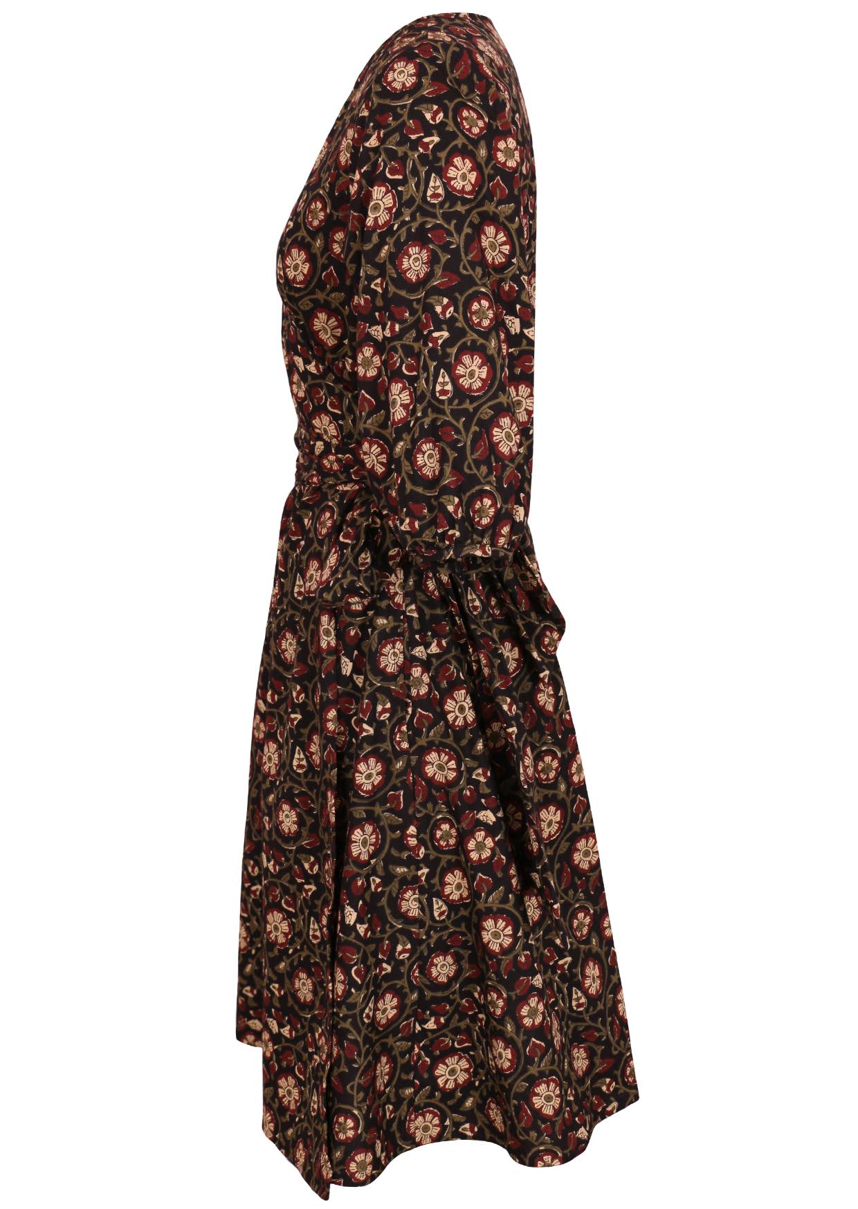 Side view of ella wrap dress with 3/4 sleeves, V neckline and pockets.