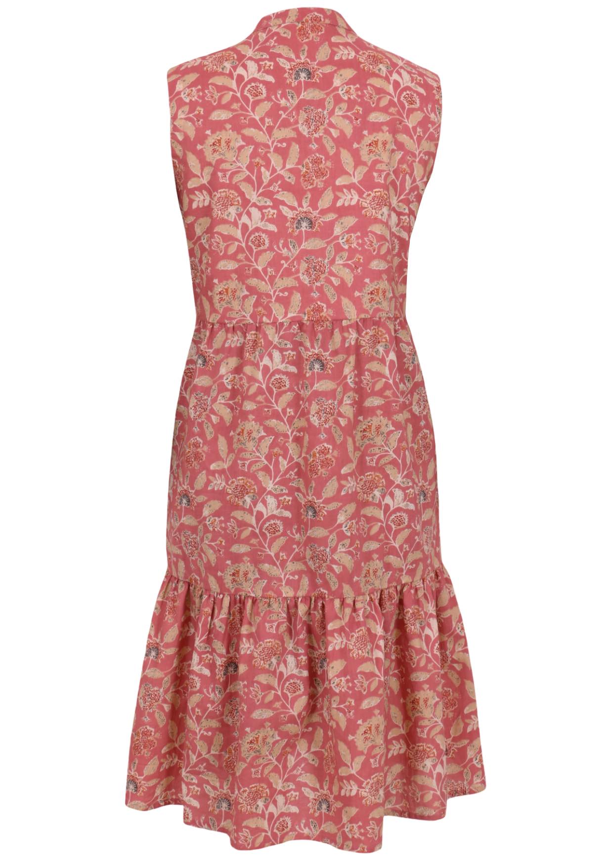 Back view of sleeveless, below knee length cotton dress with two tiered skirt in rose pink based vintage style floral print