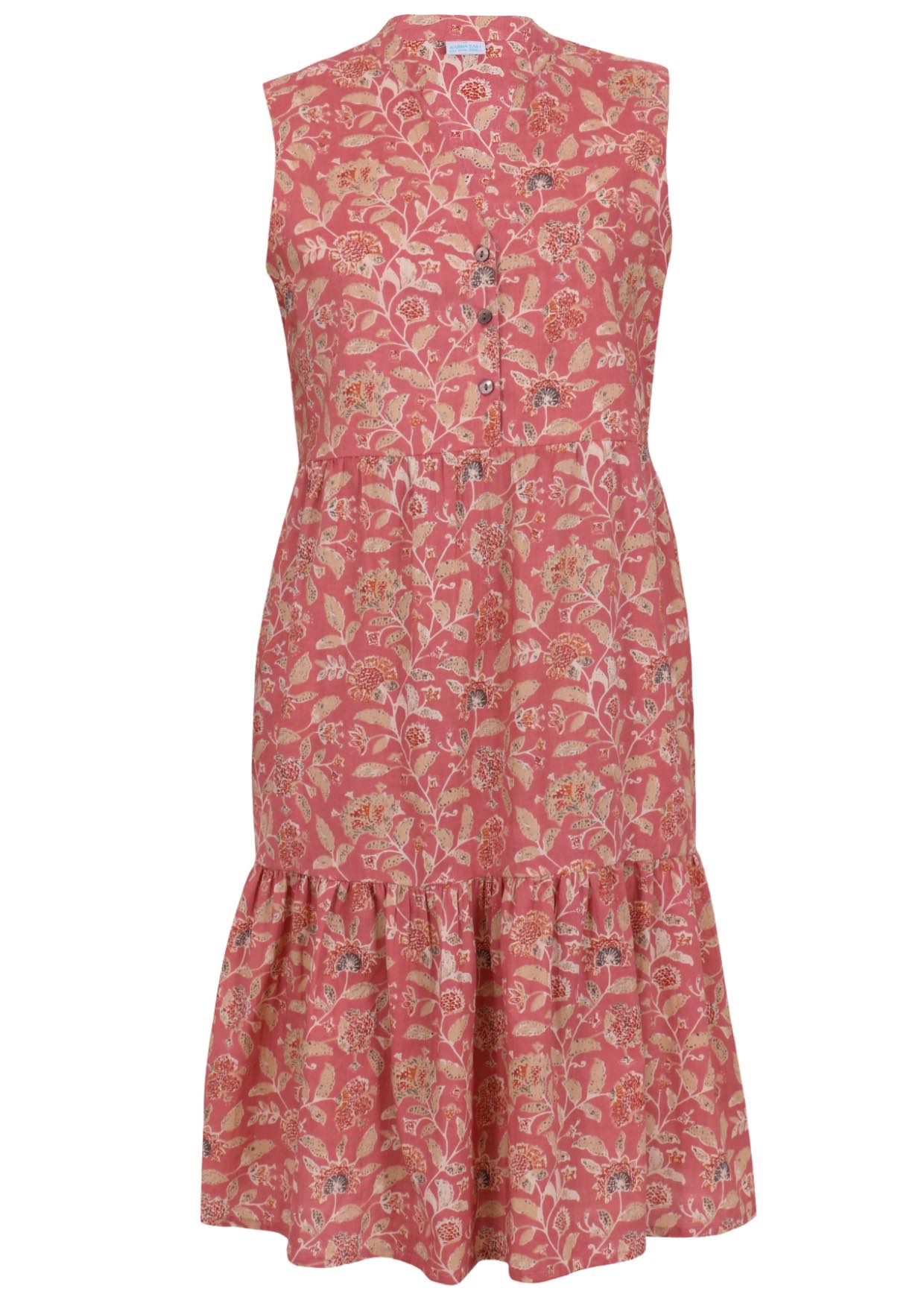 100% cotton sleeveless rose pink based vintage style floral print dress with buttoned bodice, mandarin collar and two tiered skirt