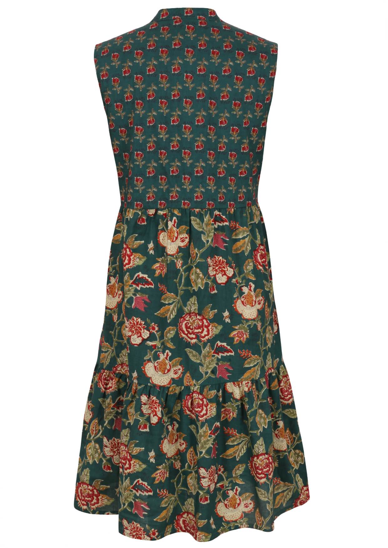 Back view of sleeveless, below knee length cotton dress with two tiered skirt in green based floral print