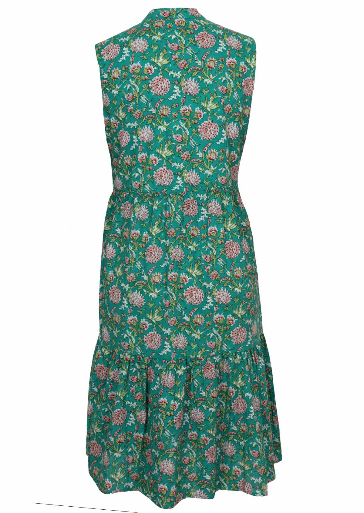 Back mannequin photo of cotton floral print on jade green base sleeveless midi length dress