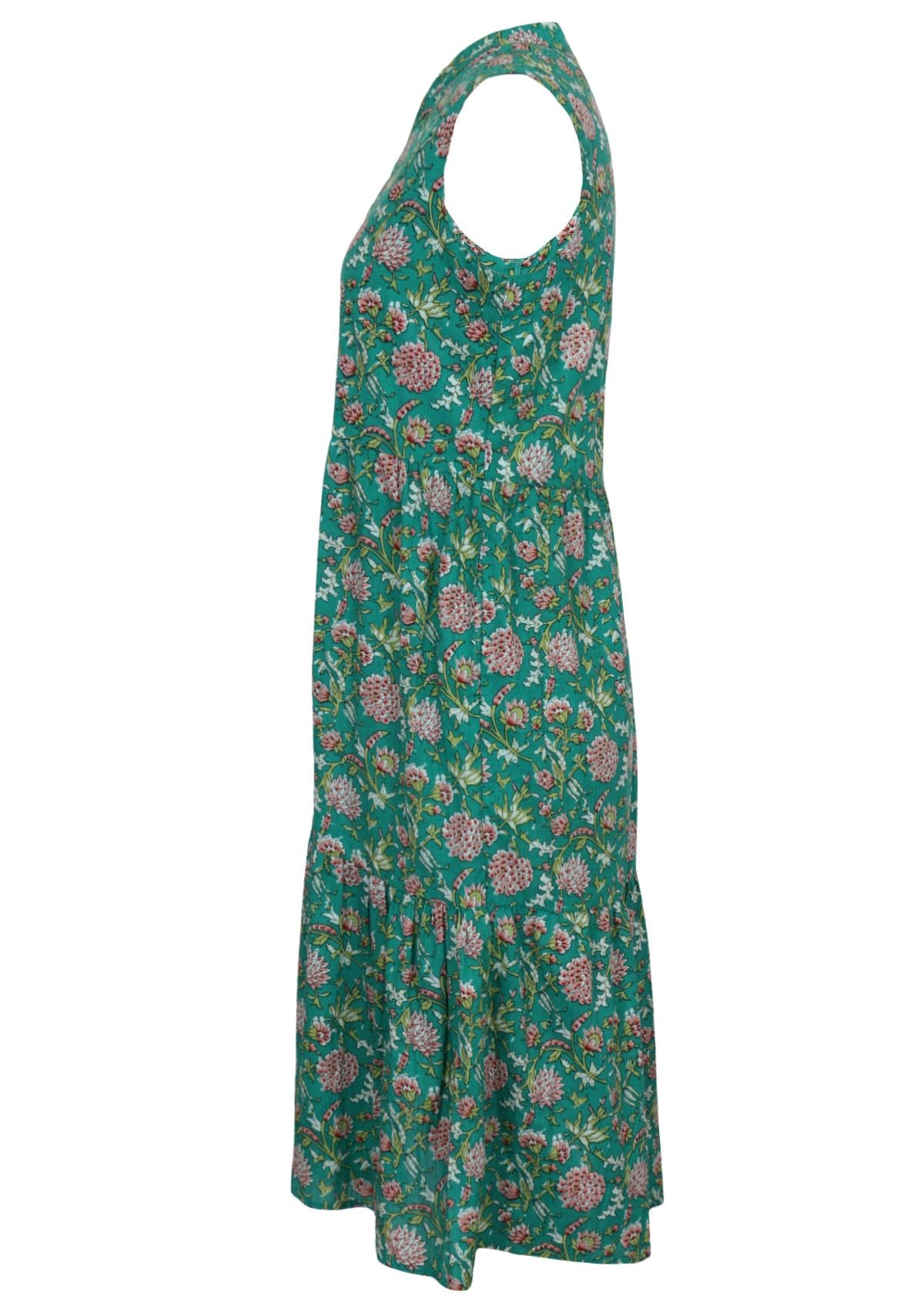 Side mannequin photo of cotton floral print sleeveless midi length dress with hidden side pockets