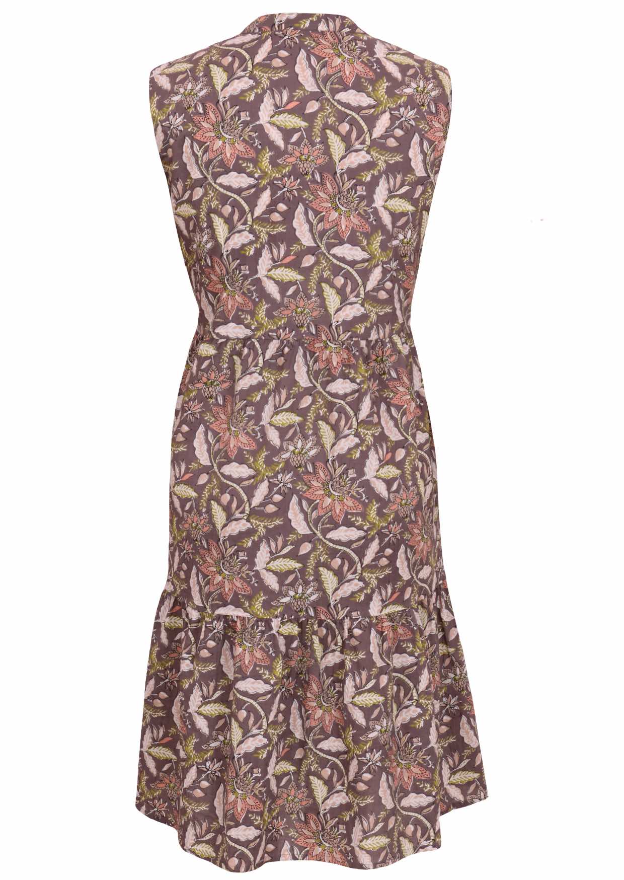 Back view of sleeveless, below knee length cotton dress with two tiered skirt in taupe based floral print