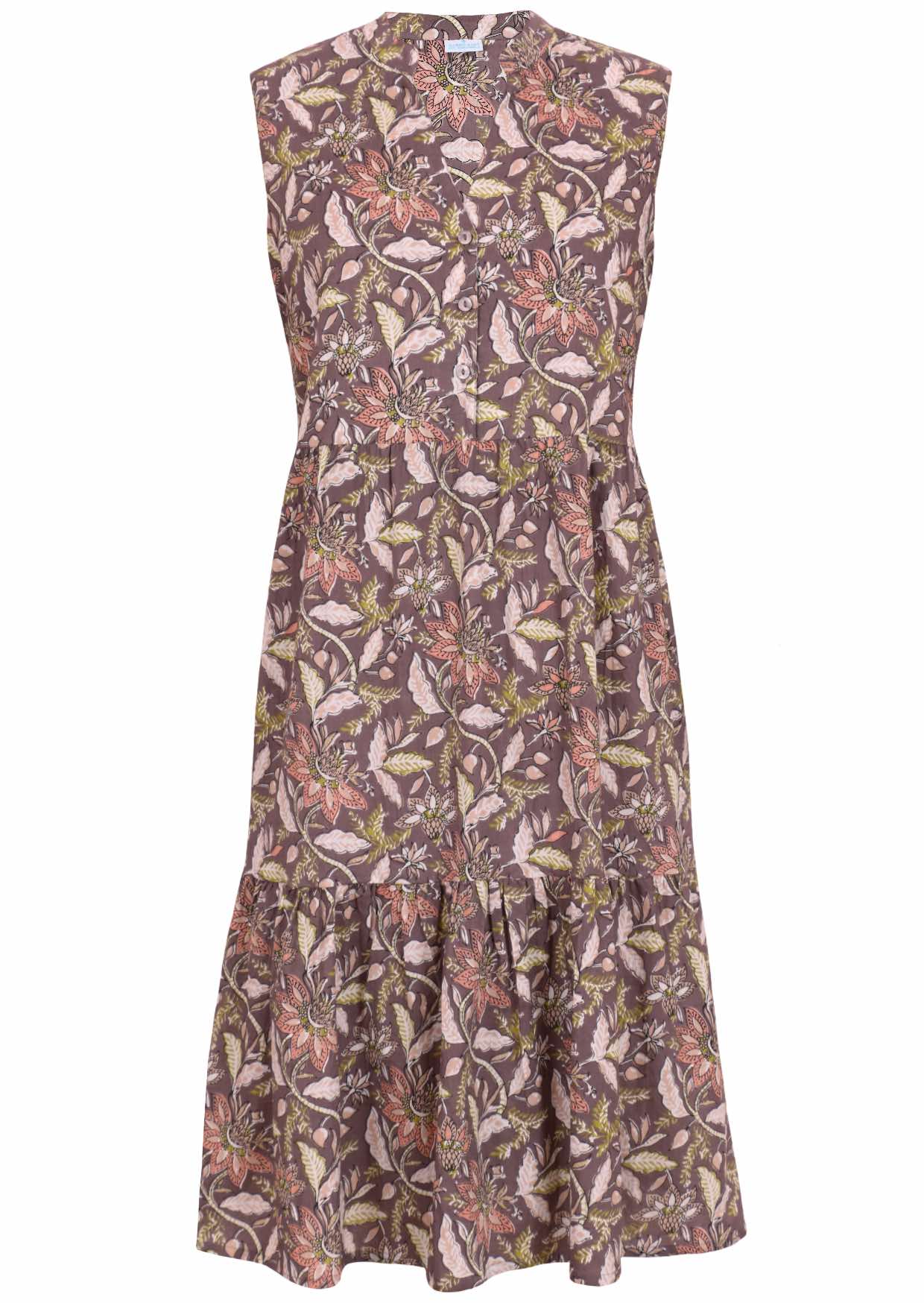 100% cotton sleeveless light brown floral dress with buttoned bodice, mandarin collar and two tiered skirt