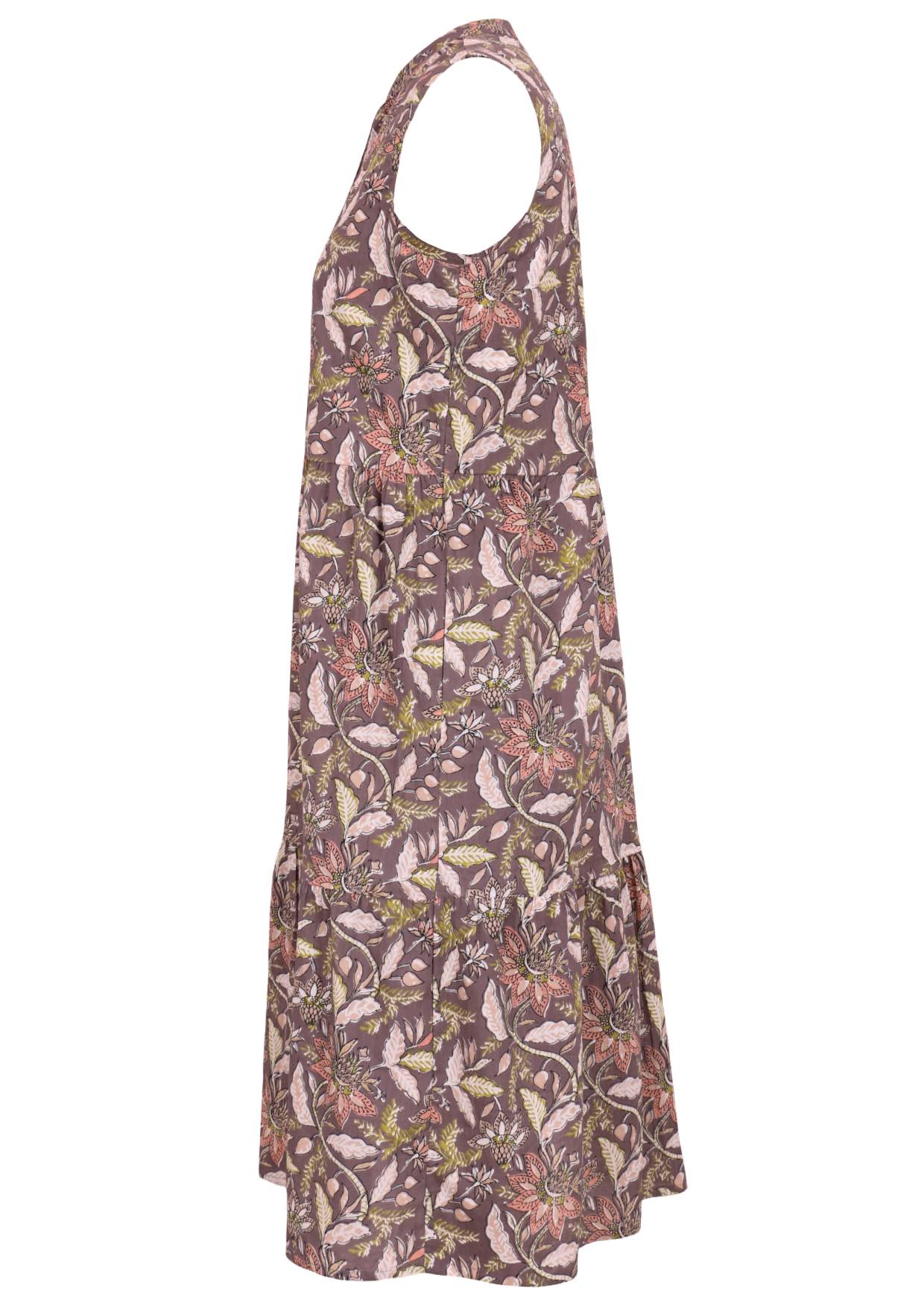 Relaxed fit sleeveless cotton dress with buttoned bodice, pockets and flowy two tiered skirt