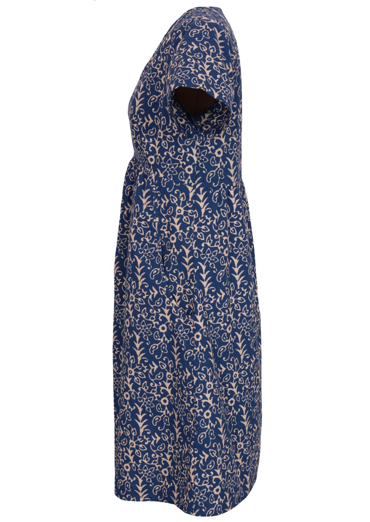 Side mannequin photo of short sleeve blue based floral print dress with pockets