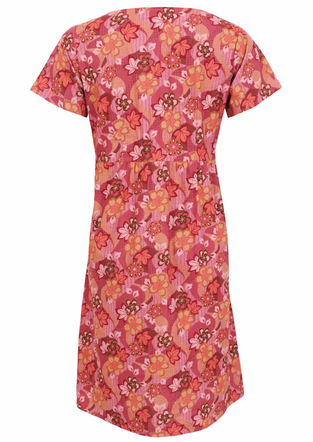 Back image of relaxed fit, 100% cotton dress in warm toned Japanese style print
