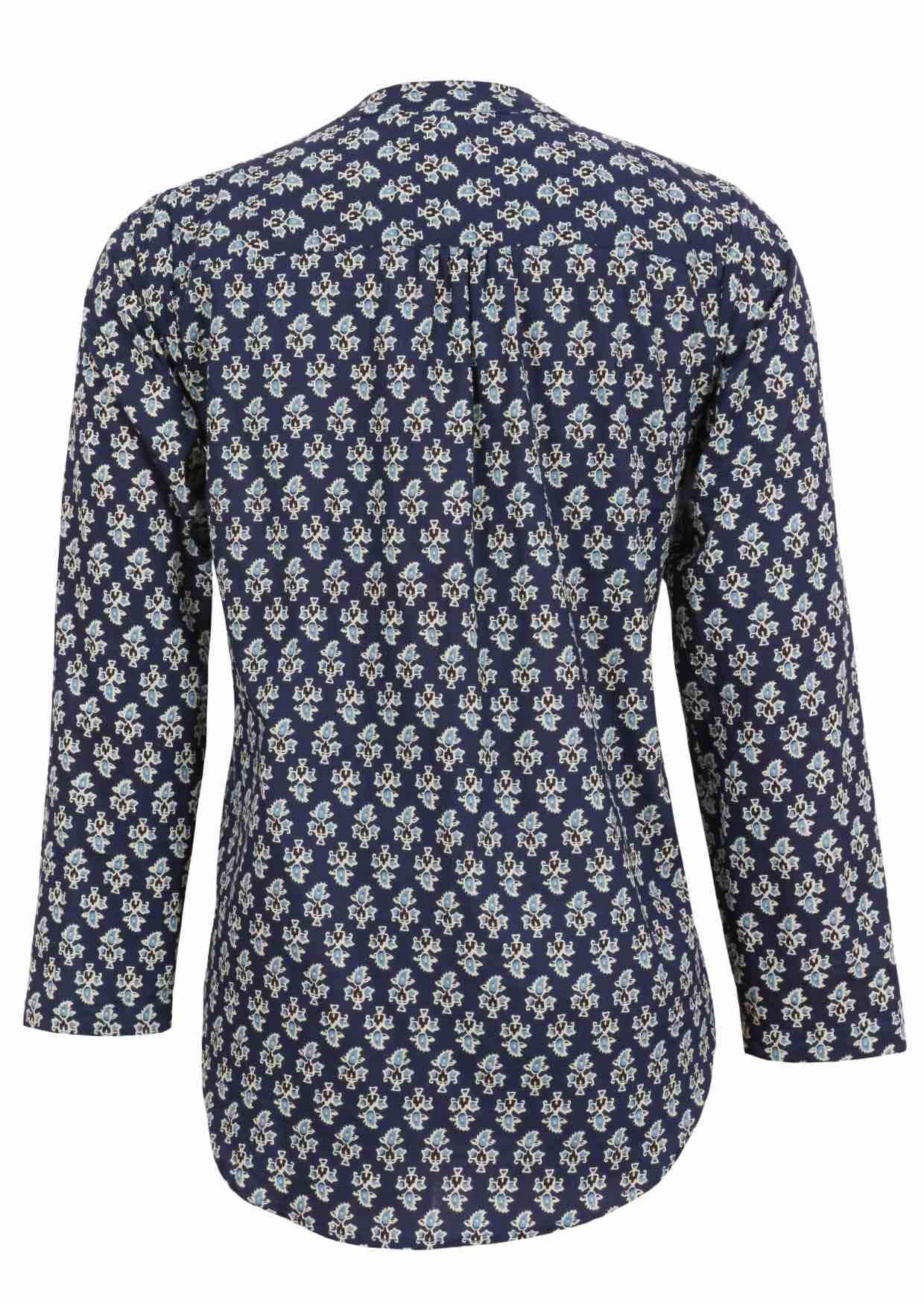 Back view of 100% cotton top with navy blue based floral print