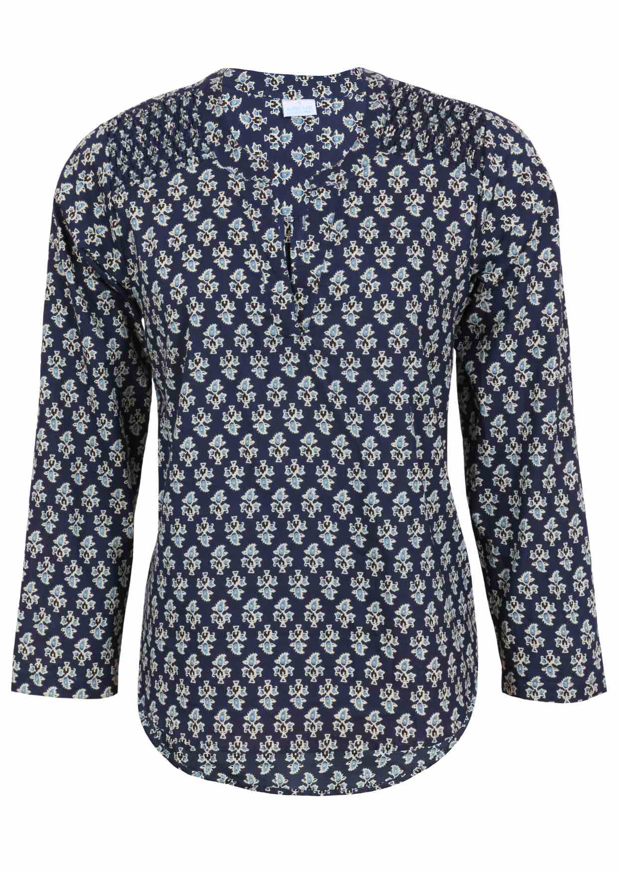 Lightweight 100% cotton long sleeve top with navy blue based floral print.