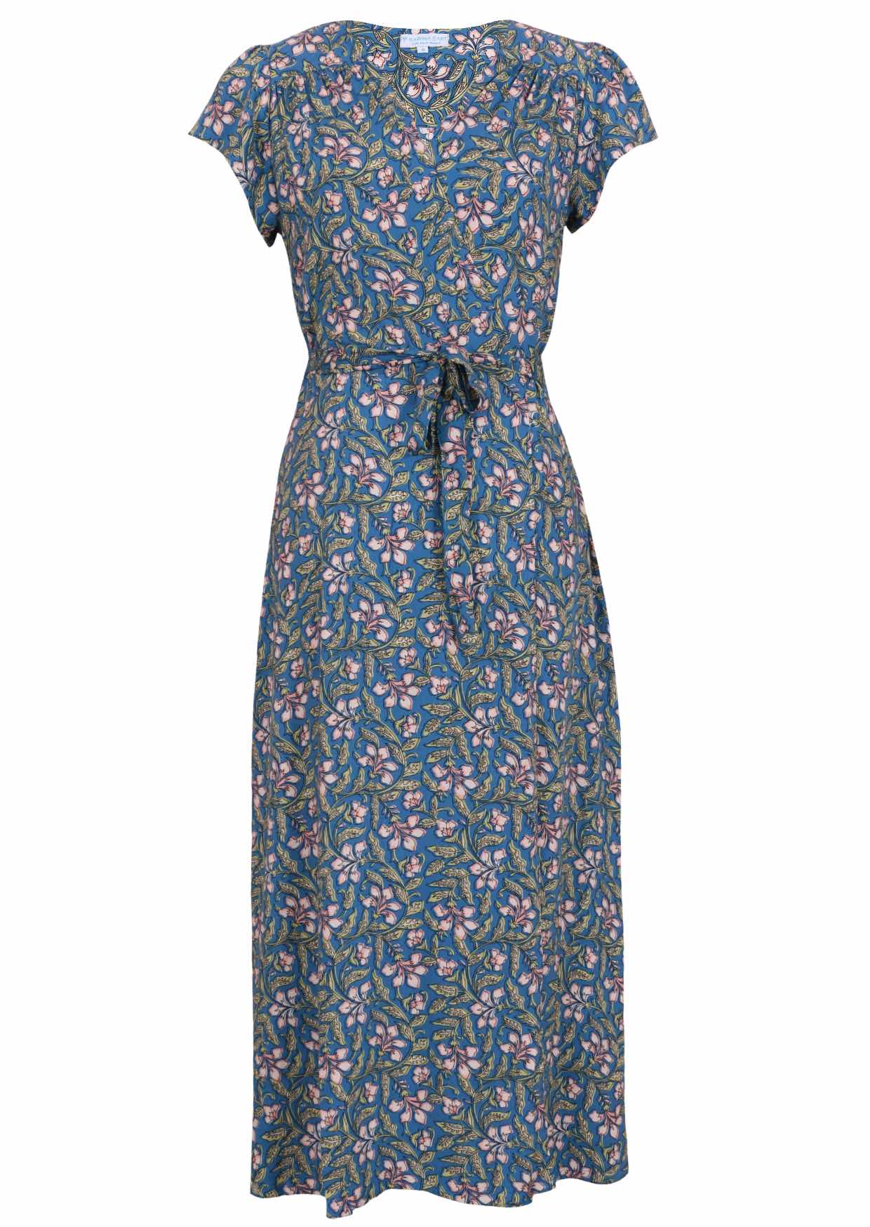 Blue based block style floral print Rayon dress with V-neckline.