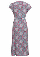 Blue based pink and white floral print rayon wrap dress with belt to secure.