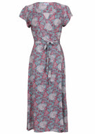 Blue based pink and white floral print rayon dress with V - neckline.