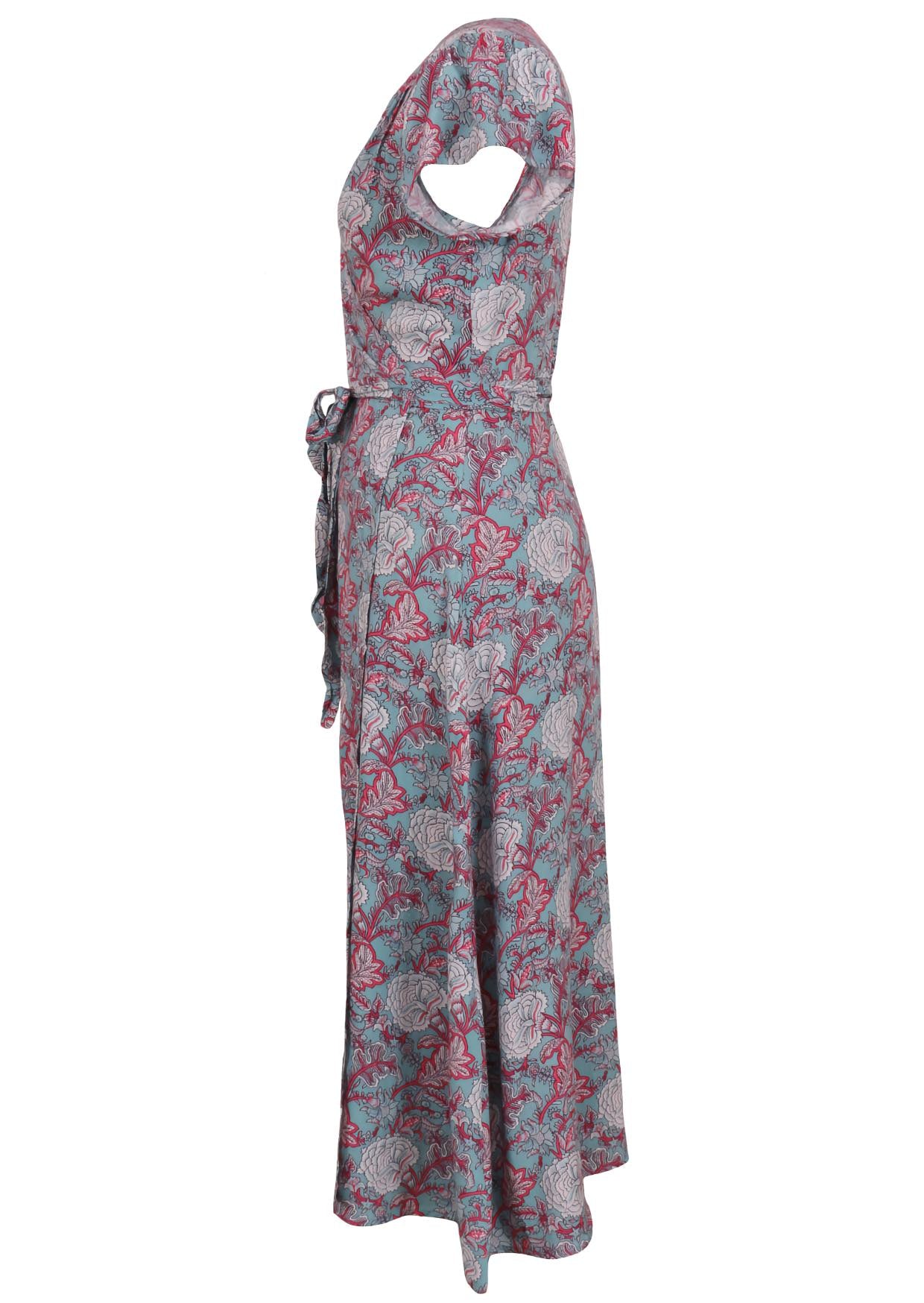 Blue based pink and white floral print rayon short sleeve dress.