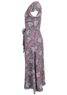 Blue based pink and white floral print rayon short sleeve dress.