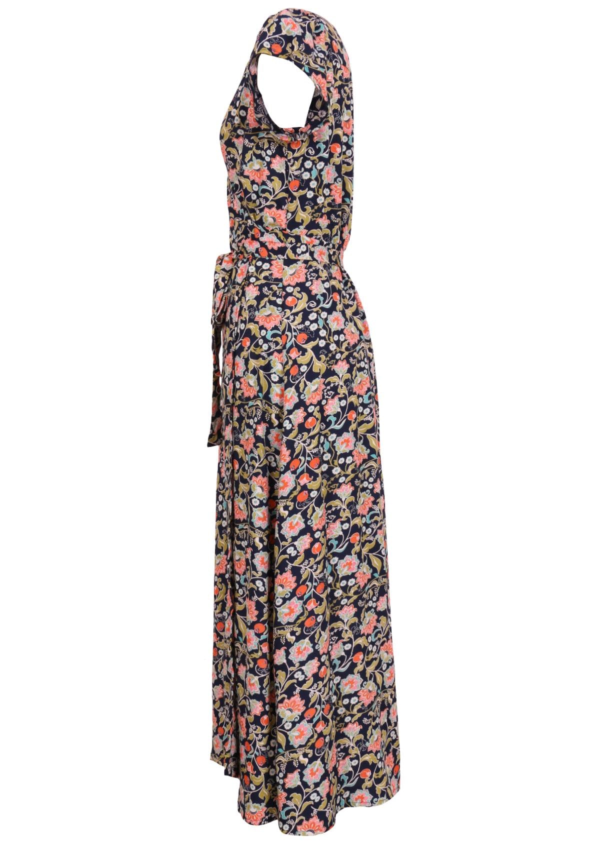 Navy floral non stretch rayon wrap maxi sundress side