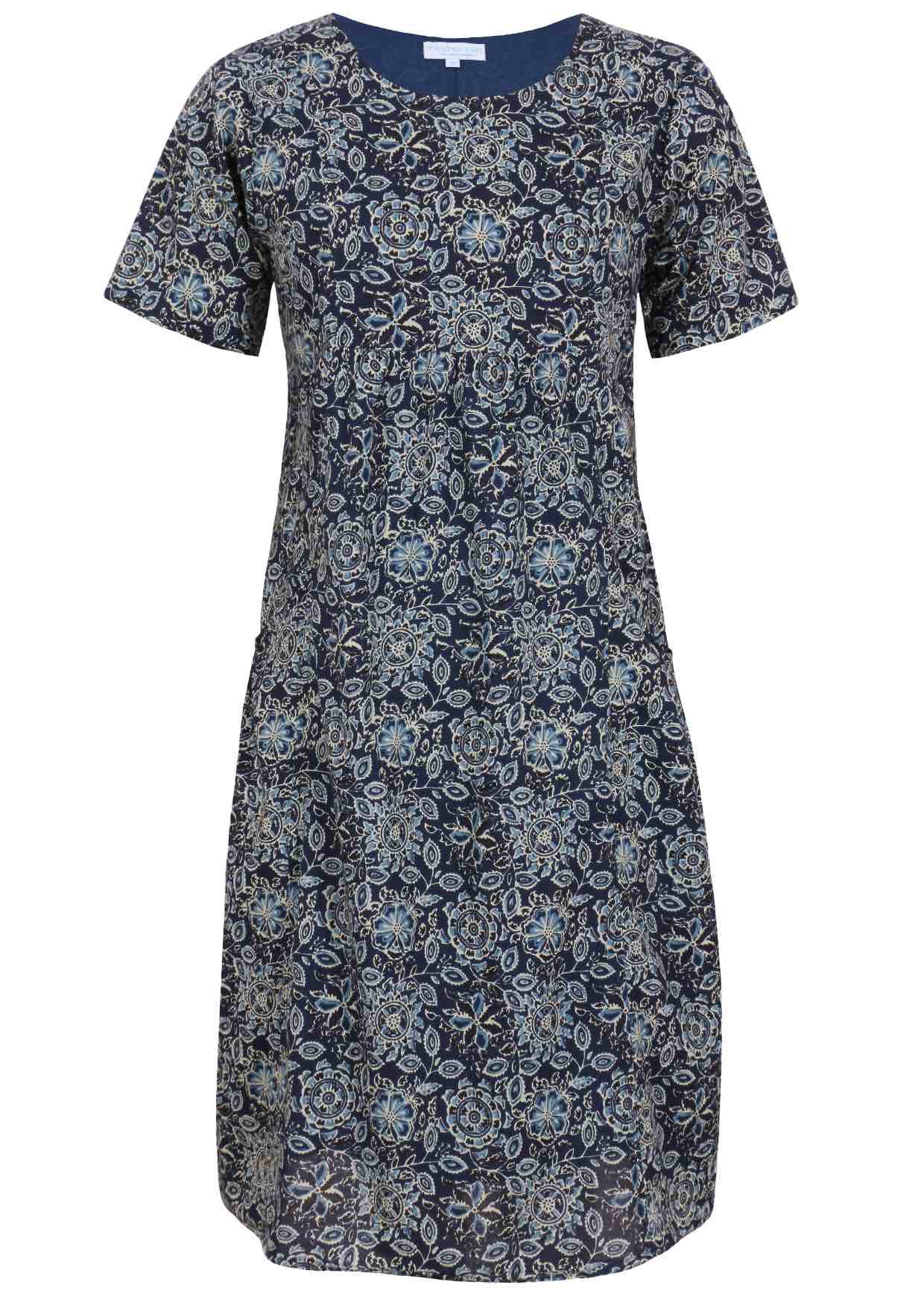 Front view of cotton dress with round neckline in navy blue based floral print