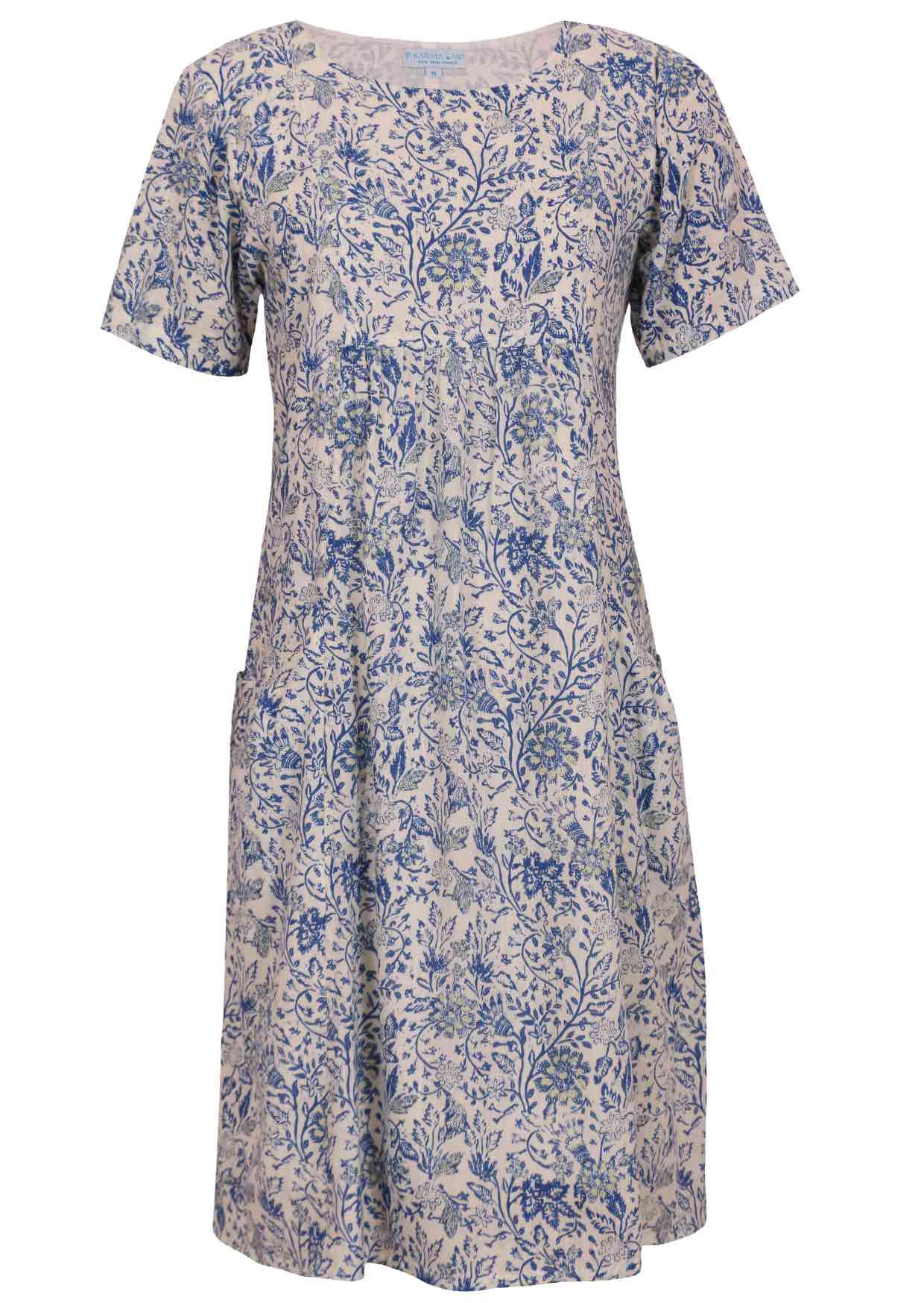 White based blue floral printed cotton dress with pockets.