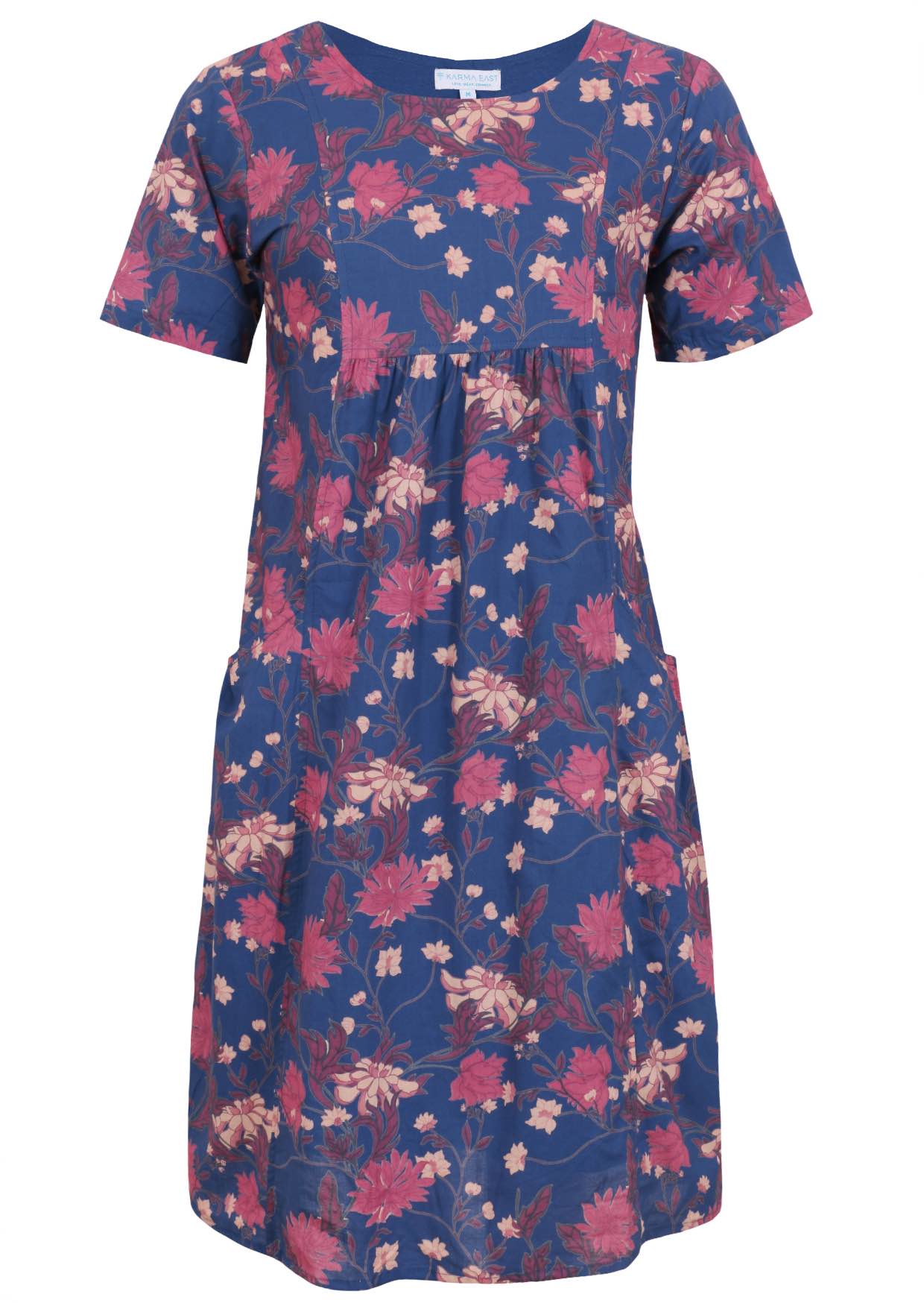 100% Cotton Blue Floral dress with pink and red flowers on a blue background