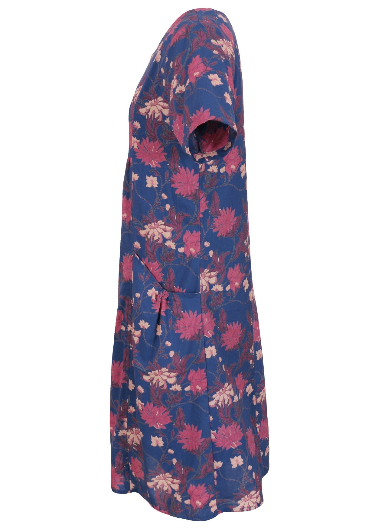 100% Cotton Blue Floral dress with pink flowers side view