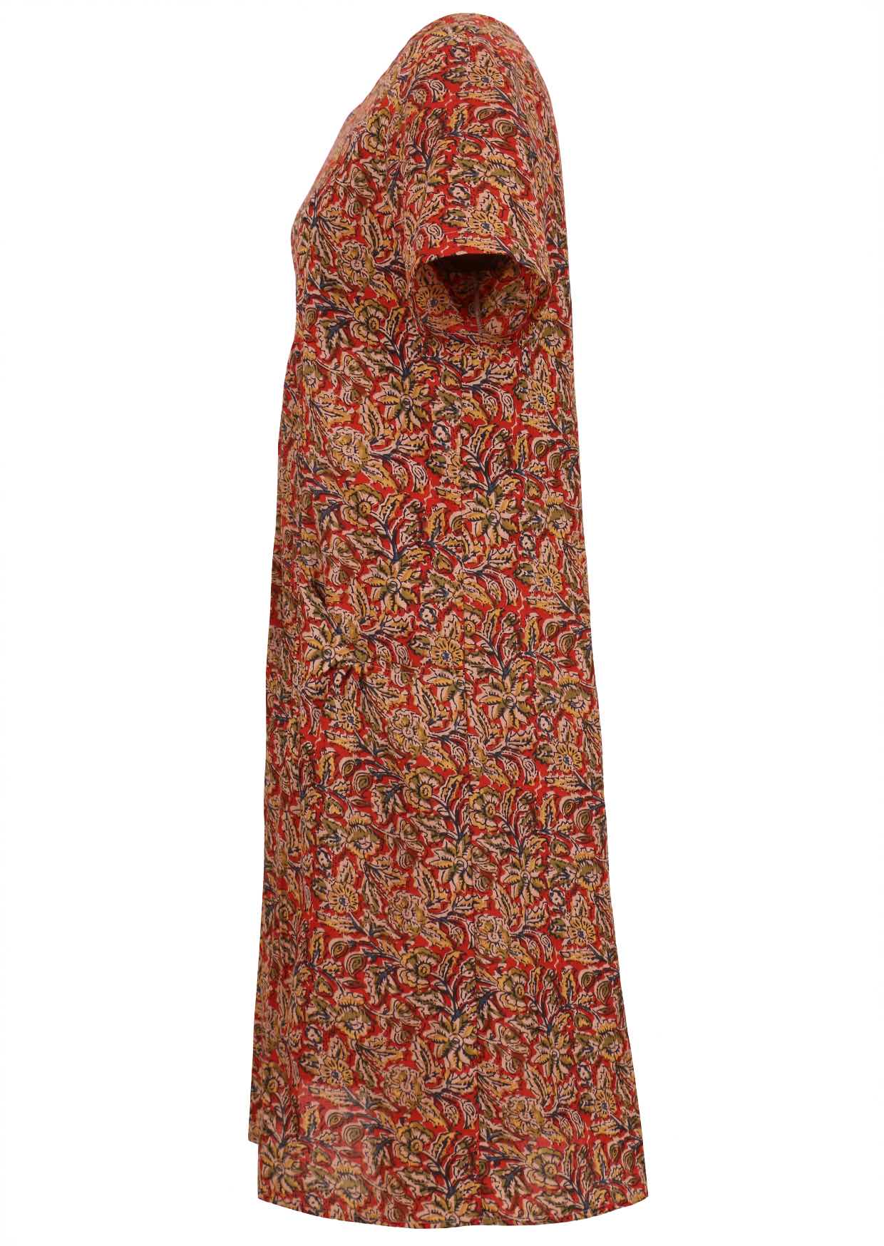 Floral patterned Indian Cotton dress on a white background side view