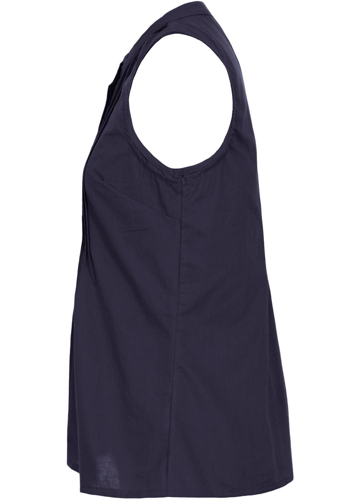 The side view of a dark blue sleeveless blouse