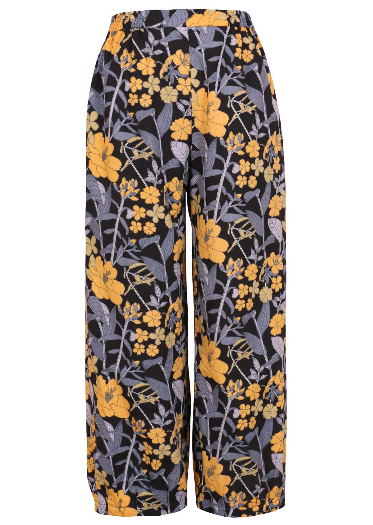 Floral-patterned cotton pants with yellow and blue-grey flowers on a black base, with pockets