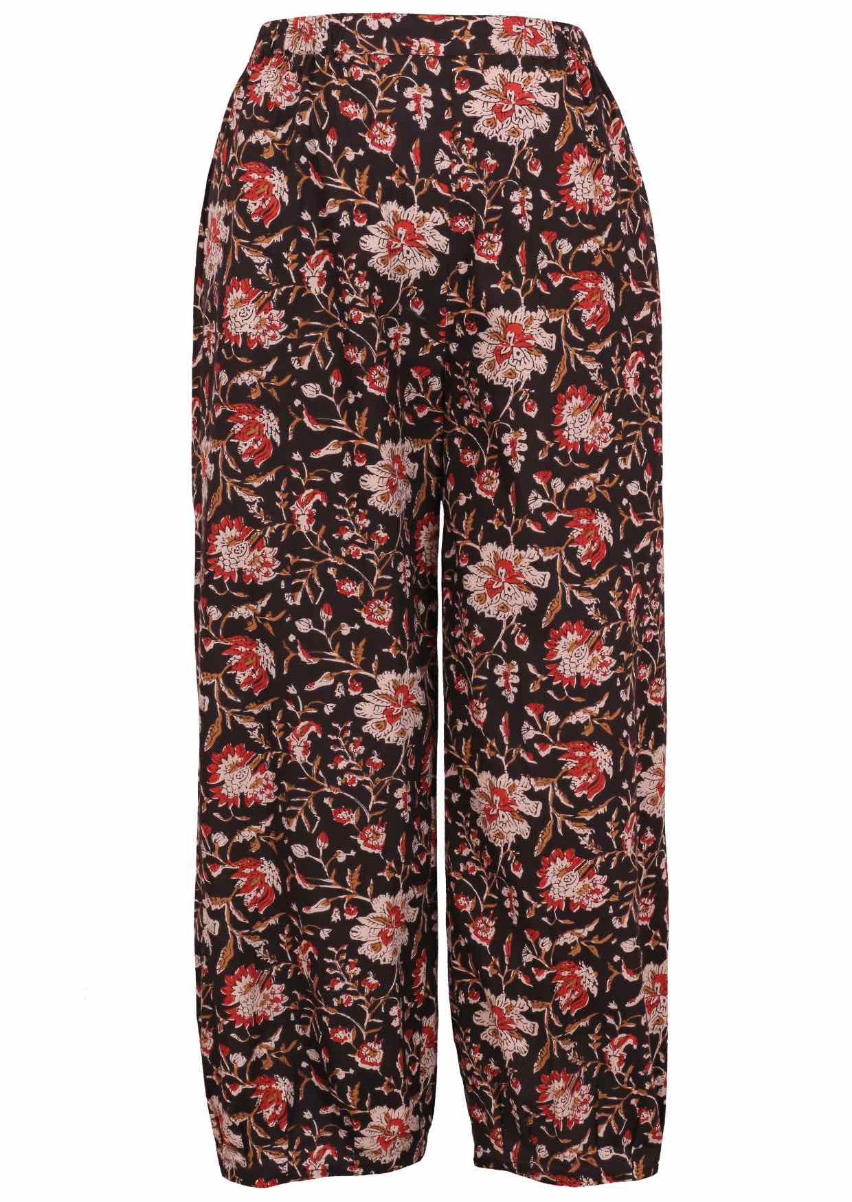 Black based traditional Indian floral print wide leg cotton pants