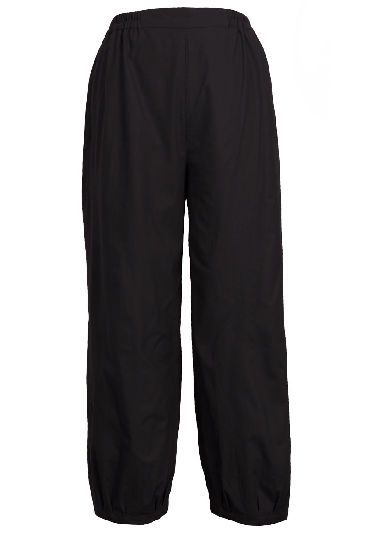 100% cotton high waisted wide leg pants in plain black with elastic either side of waist, pockets and pleated ankles