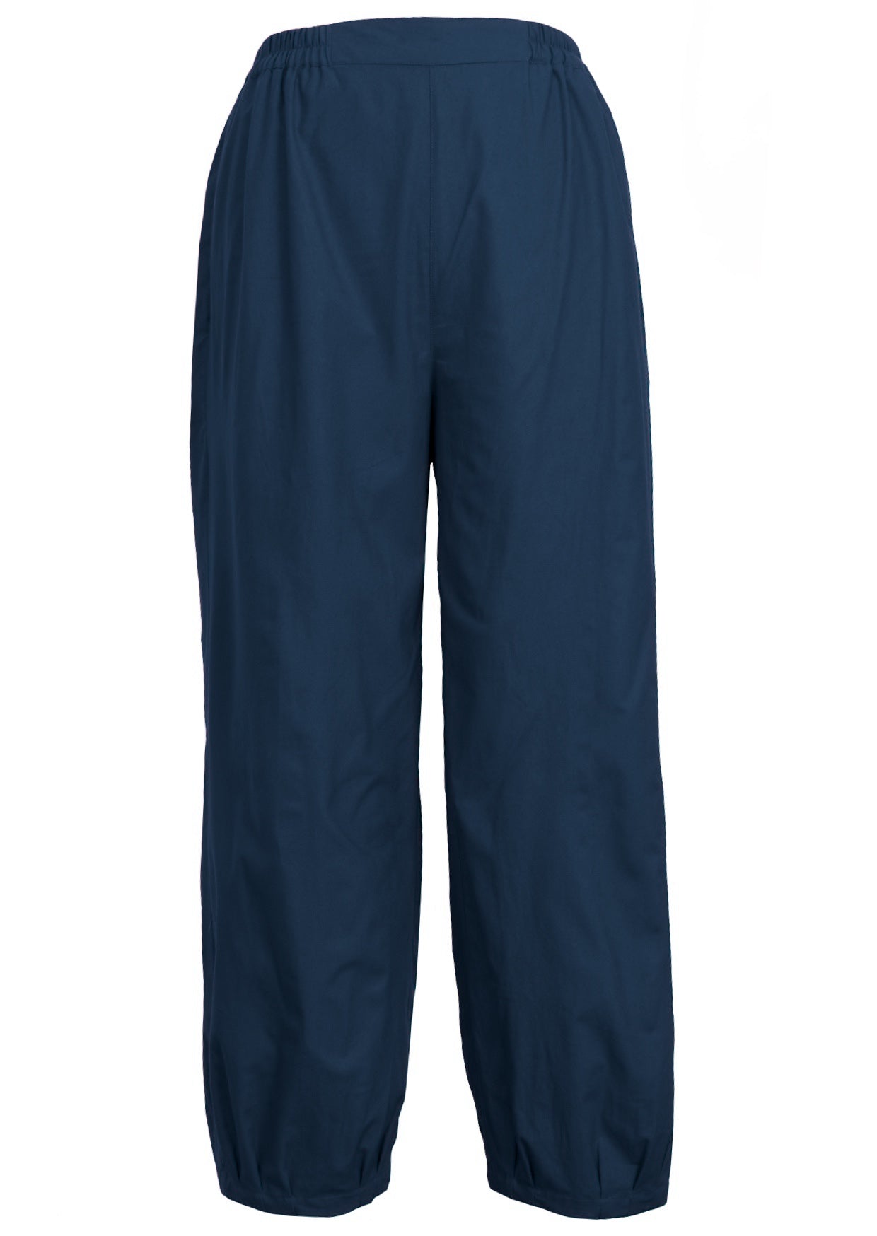 100% cotton wide leg harem pants in deep sea blue with elastic sides of waist, pockets and pleated ankles.