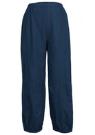 100% cotton wide leg harem pants in deep sea blue with elastic sides of waist, pockets and pleated ankles.
