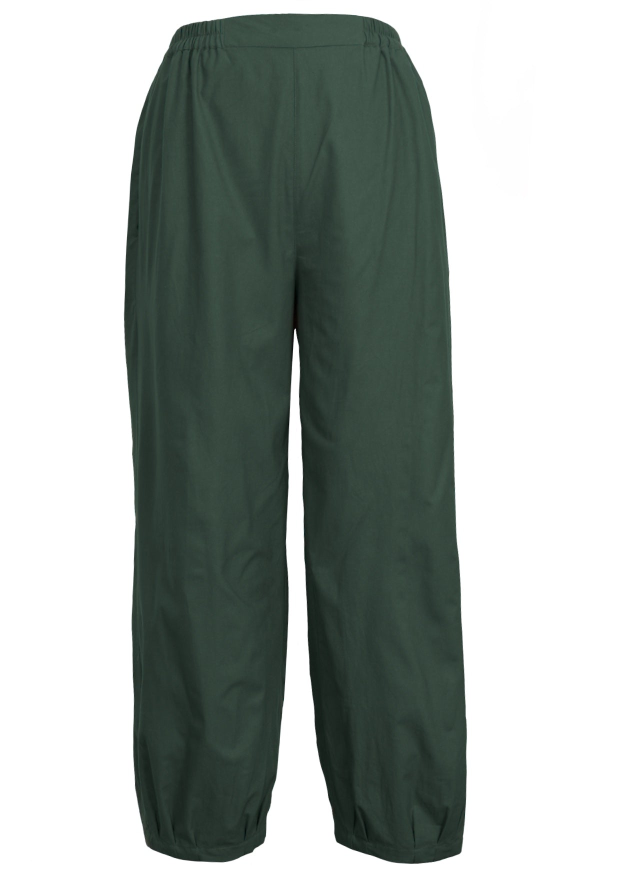 100% cotton dark green wide leg boho pants with elastic waist, pockets and pleated ankles.