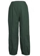 100% cotton dark green wide leg boho pants with elastic waist, pockets and pleated ankles.