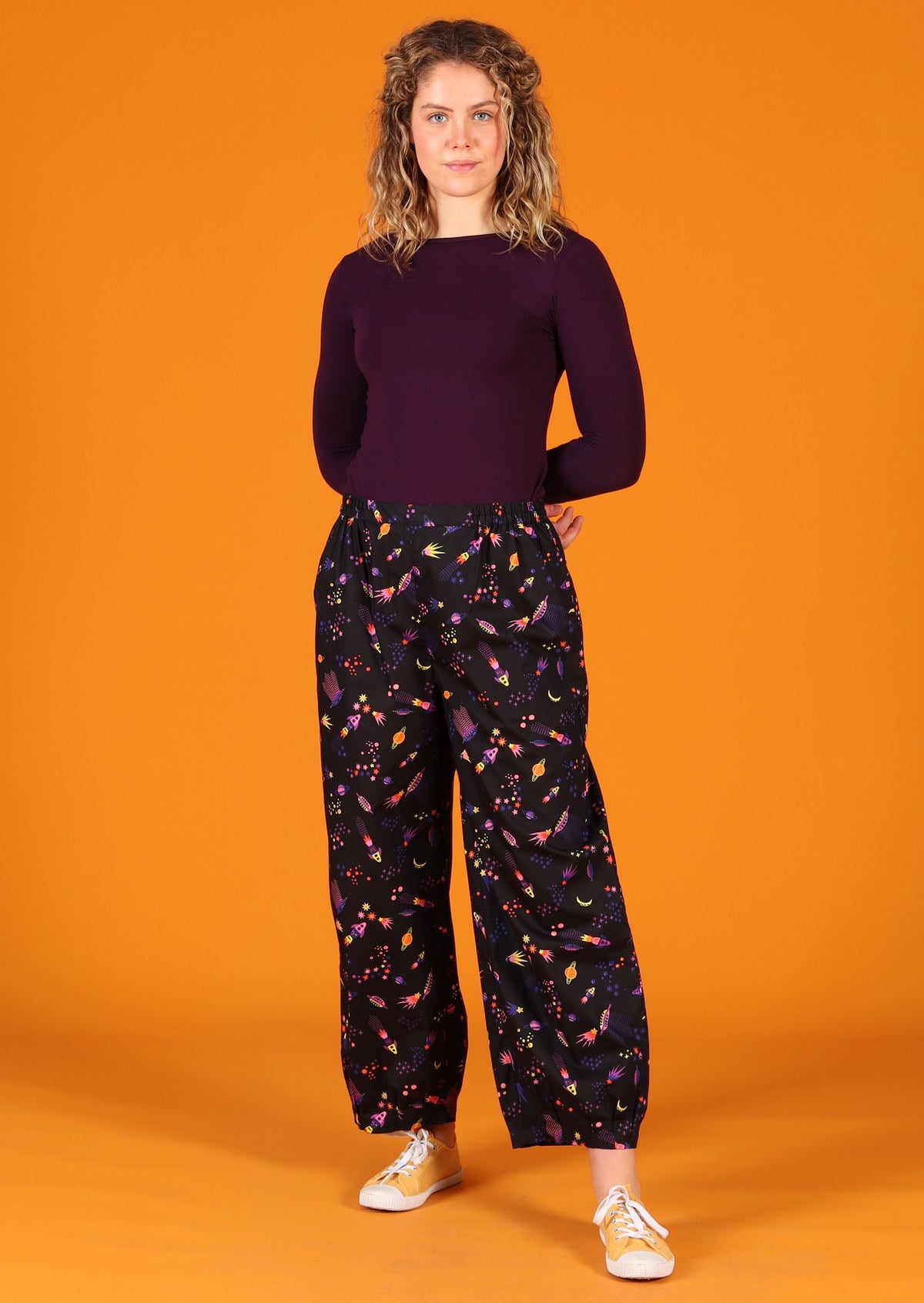 100% cotton space themed print pants