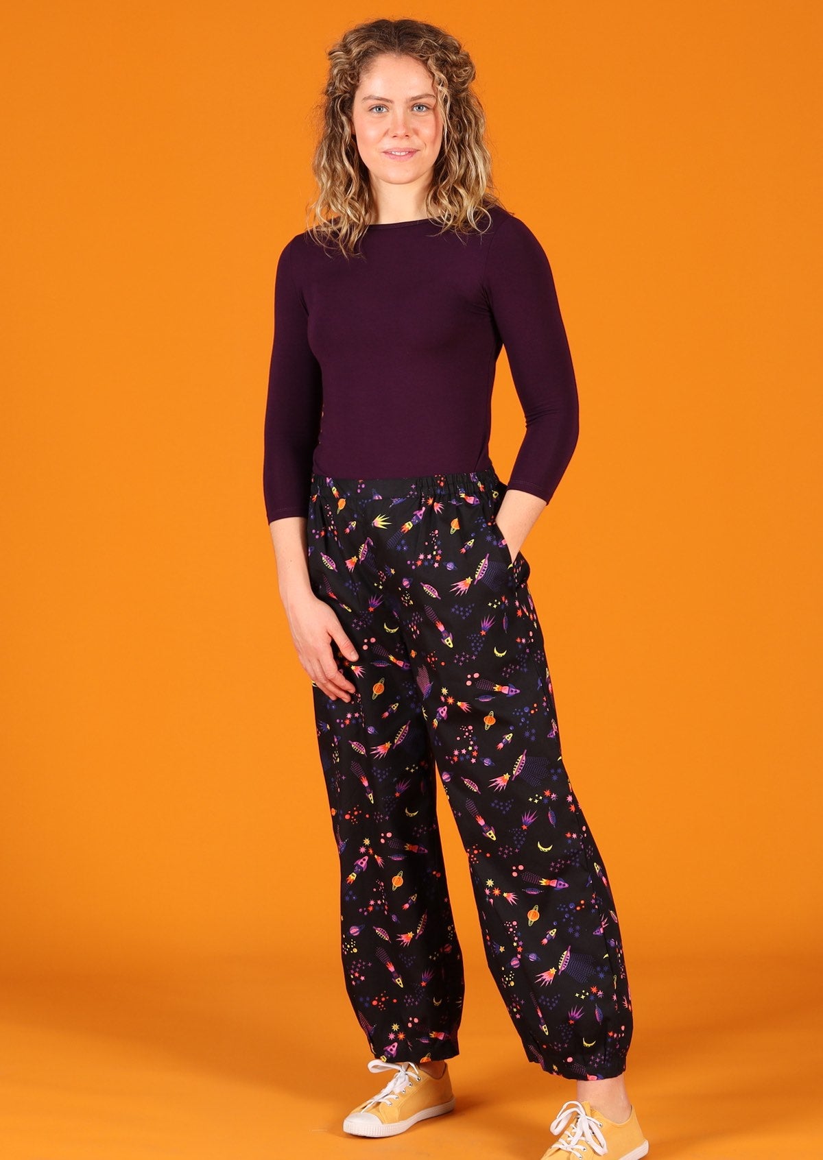 black base colourful space print cotton pants