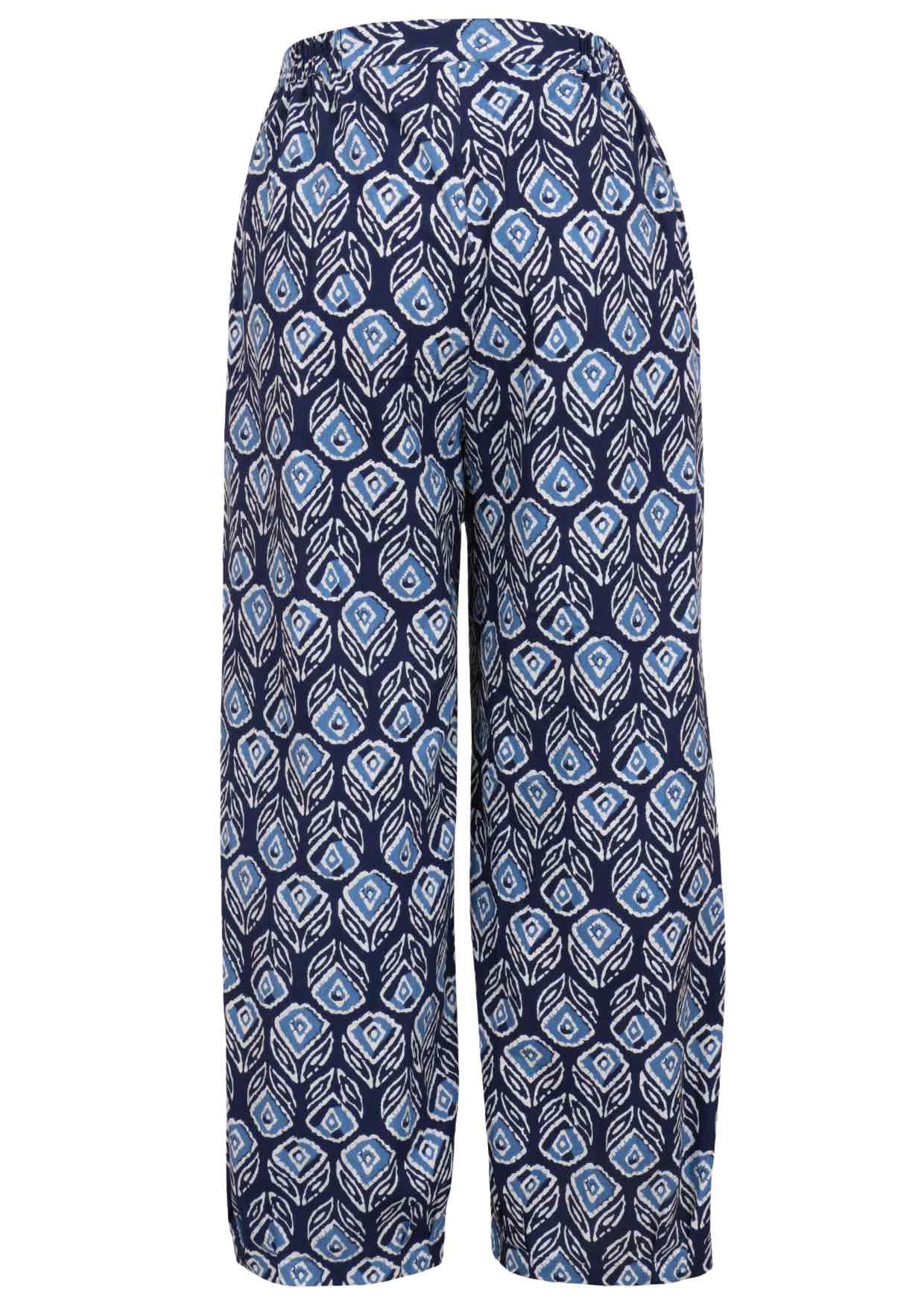 Back view of navy blue based print pants with elastic waist